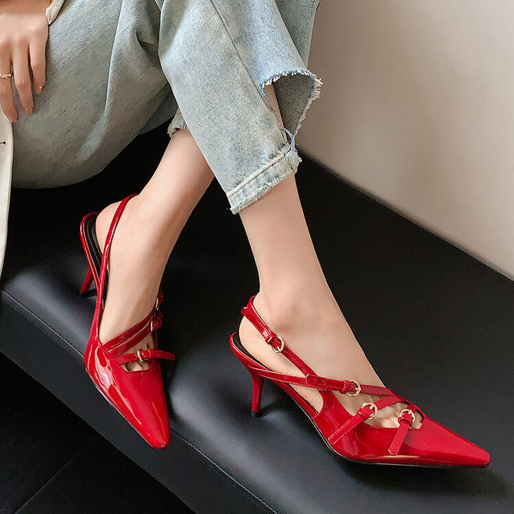 Belt Buckle Pointed-toe Red High Heels Women's Stiletto Heel Fairy Style