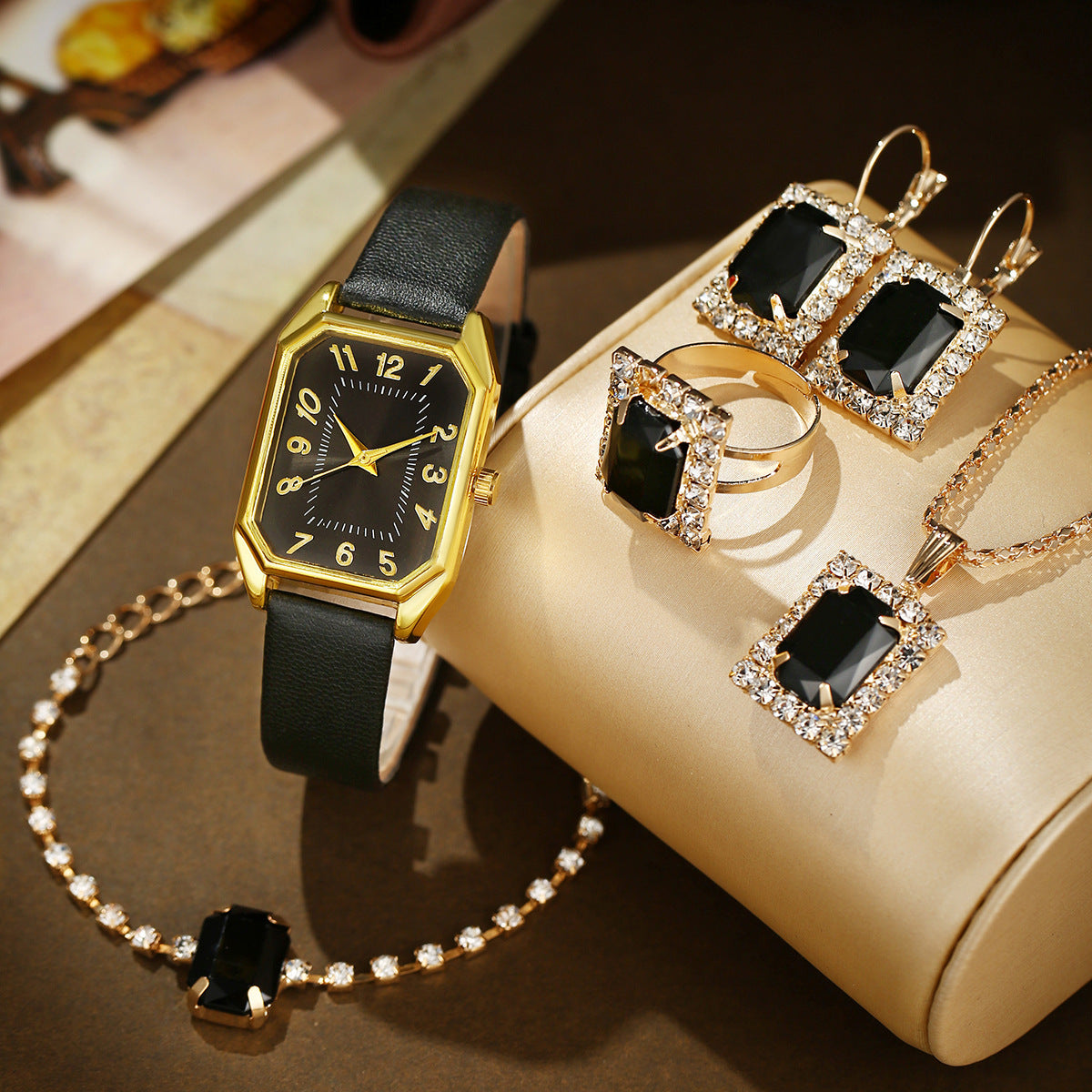 Leather Women's Watch Square Quartz Watch Korean Necklace Earrings Ring Set