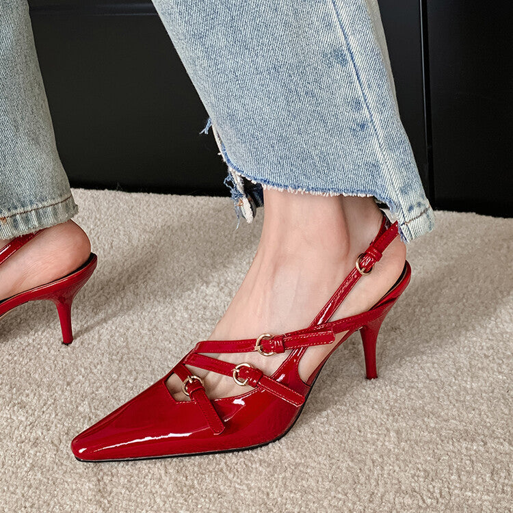 Belt Buckle Pointed-toe Red High Heels Women's Stiletto Heel Fairy Style